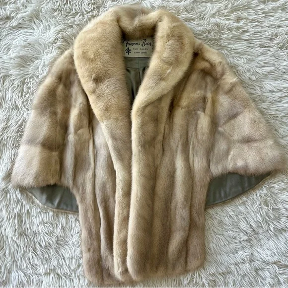 Vintage Famous-Barr Mink Fur Stole Shawl Capelet Coat Jacket Beige Honey Brown - Picture 7 of 12